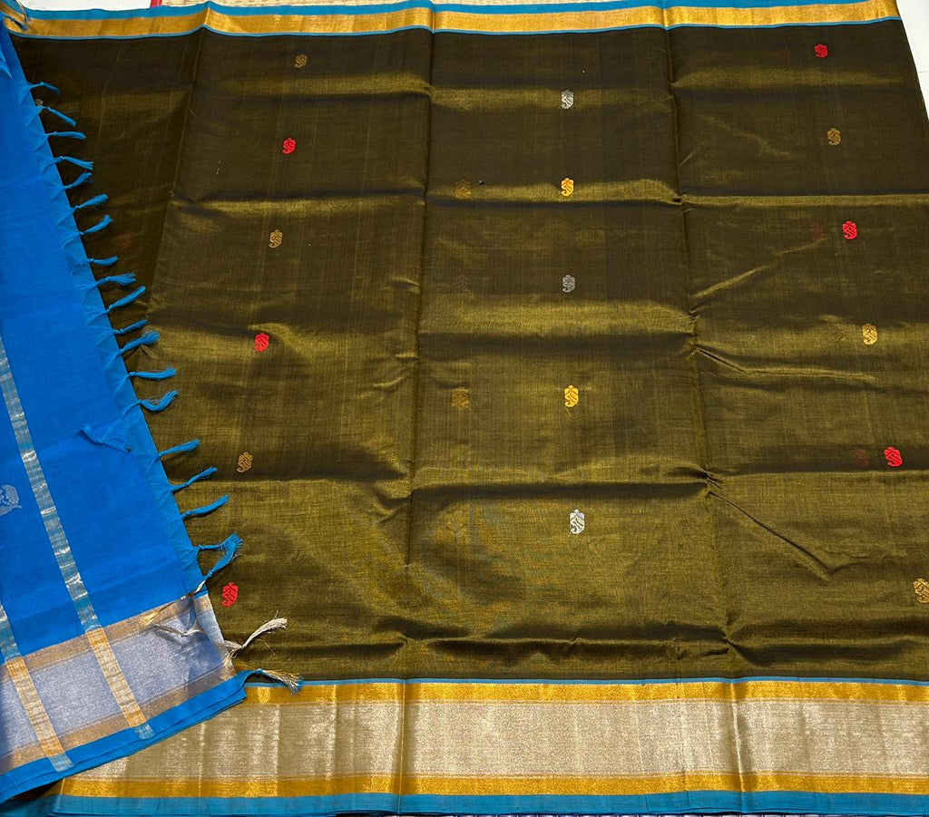 Handloom silk cotton saree kaddi border with buttas - MS066