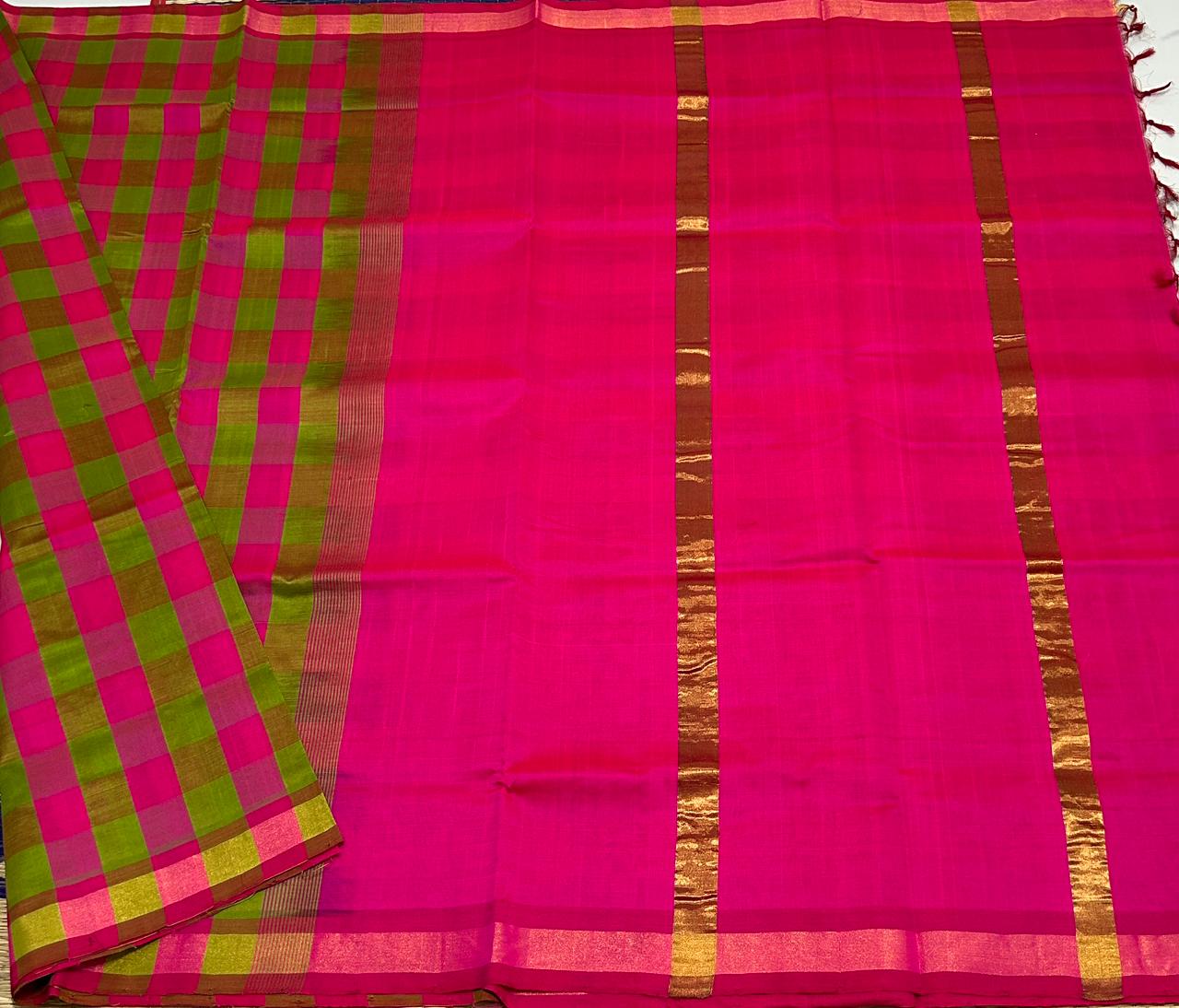 Handloom semi silk cotton saree kaddi border with checks - MS056