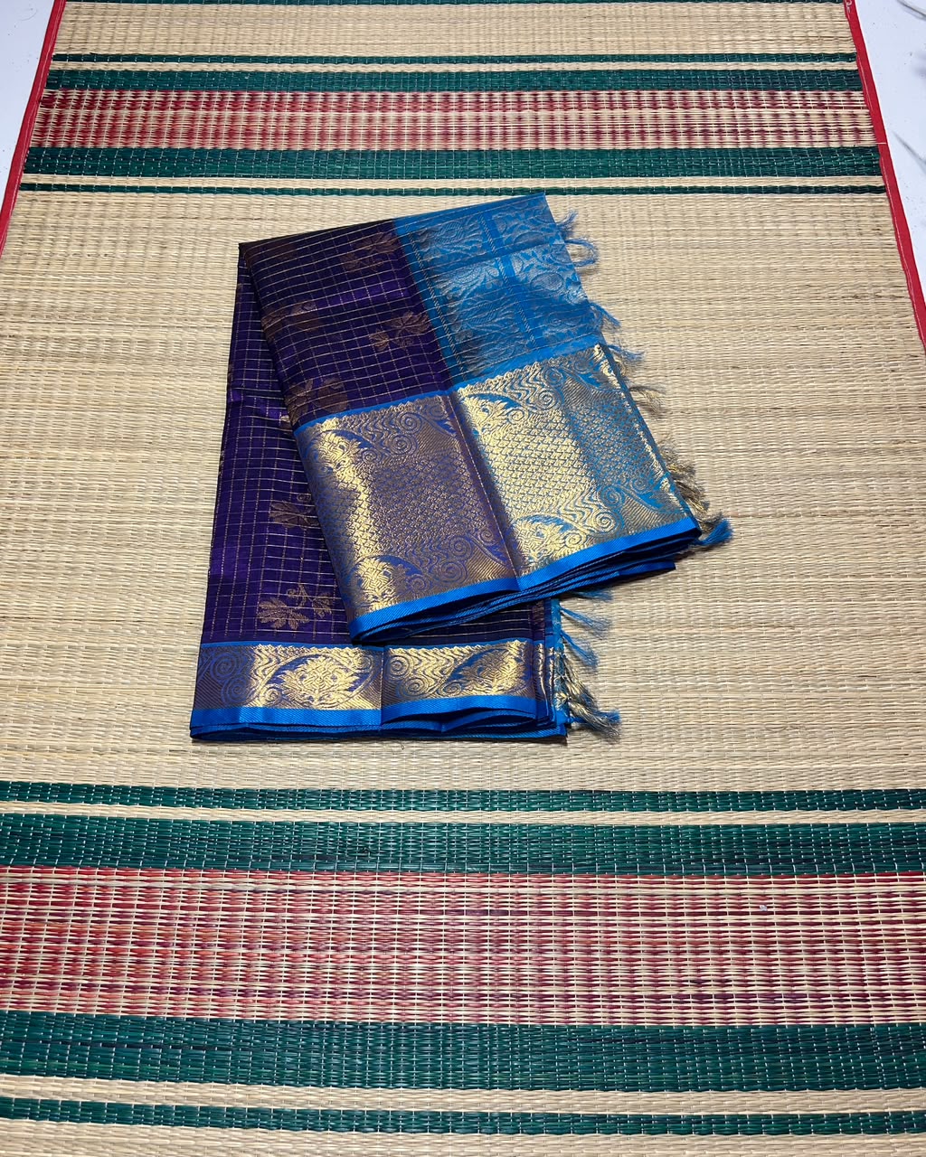 Handloom grand border silk cotton saree with zari checks - MS336