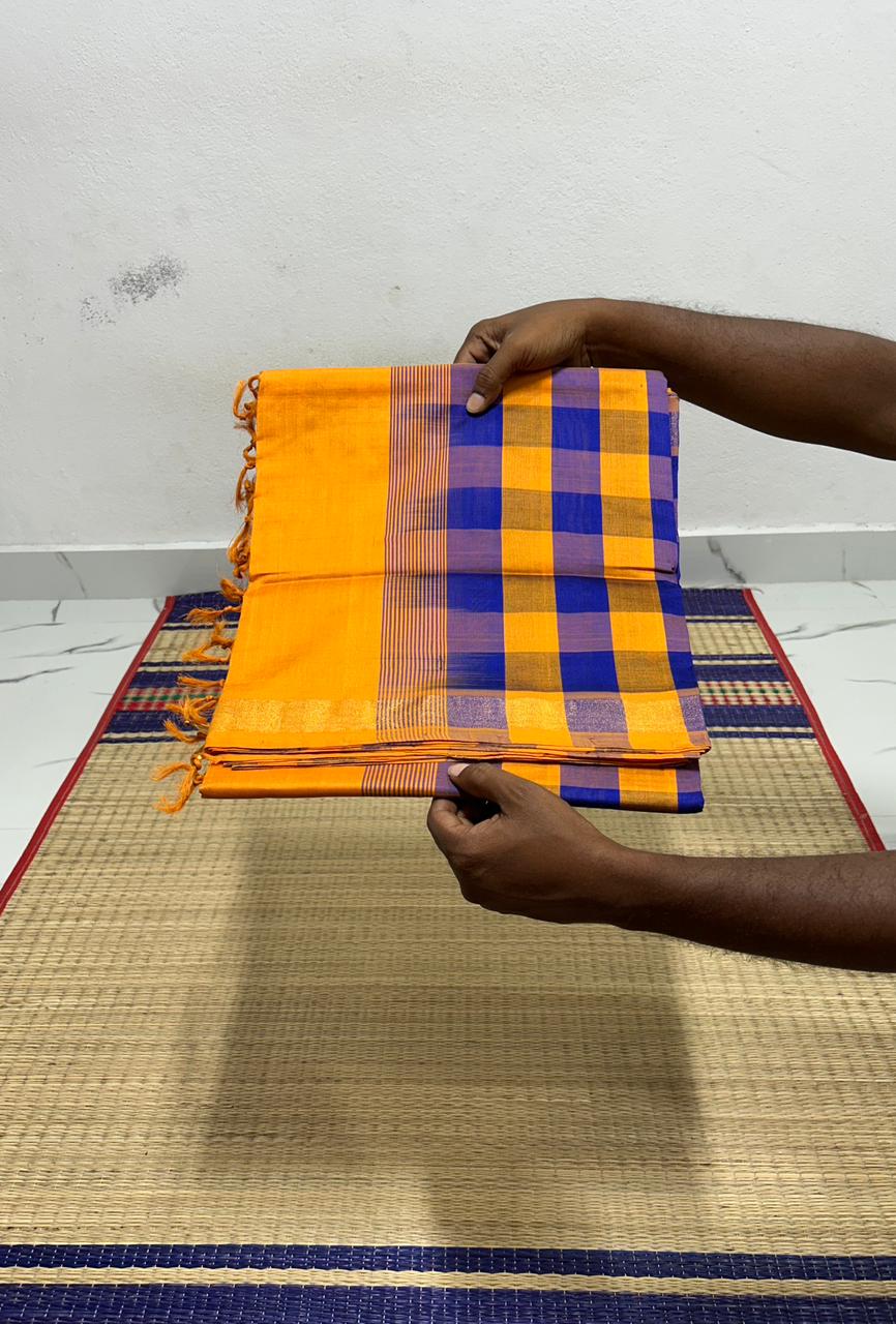 Handloom semi silk cotton saree kaddi border with checks - MS062